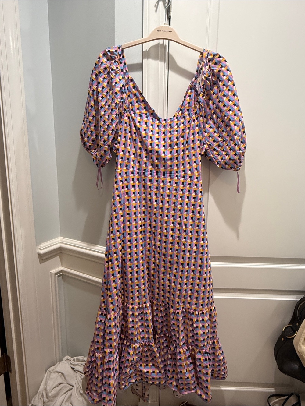 Tanya Taylor Lavender Geometric Puff-Sleeve Midi Dress